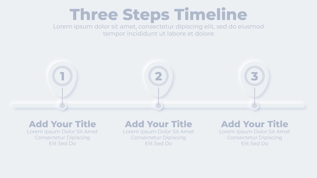 Neumorphic business timeline with 3 steps or options infographic presentation template