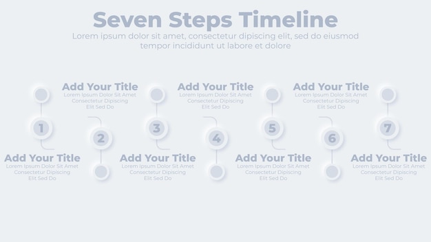 Neumorphic business timeline with 7 steps or options infographic presentation template