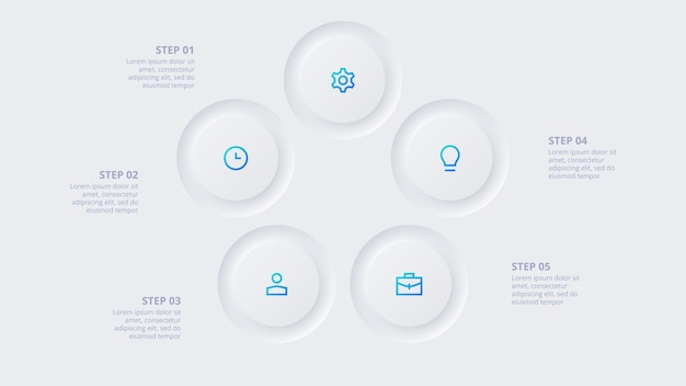 Neumorphic circle elements for infographic template for cycle diagram graph presentation and chart skeuomorph concept with 5 options parts steps or processes