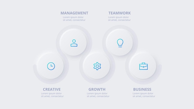 Neumorphic circle elements for infographic Template for diagram graph presentation and chart Skeuomorph concept with 5 options parts steps or processes