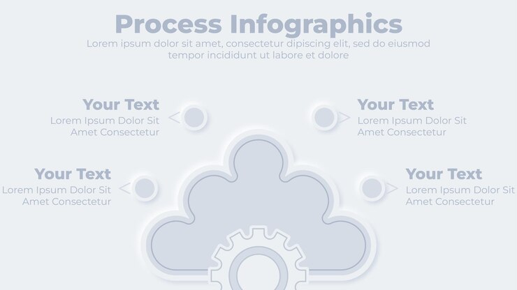 Vector neumorphic cloud with gear icon and work process infographic 4 steps presentation template