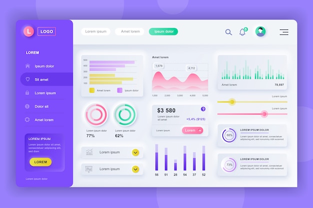 Neumorphic dashboard ui kit. шаблон панели администратора с элементами инфографики, диаграммы hud, инфо графики. панель инструментов веб-сайта для ui и ux design web page. стиль нейморфизма.