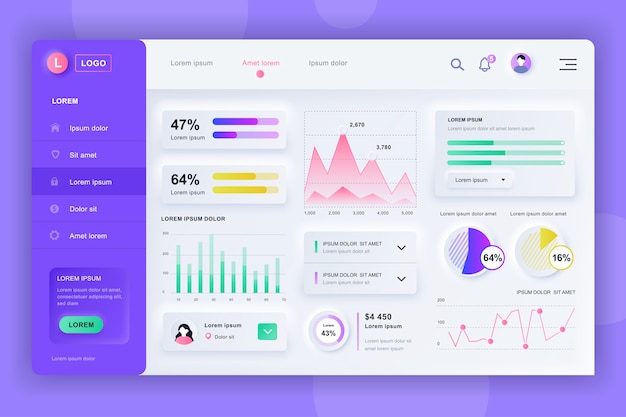 Neumorphic Dashboard UI kit. Шаблон панели администратора с элементами инфографики, диаграммы HUD, инфо графики. Панель инструментов веб-сайта для UI и UX design web page. Стиль нейморфизма.