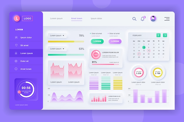 Kit ui dashboard neumorfo. modello del pannello di amministrazione con elementi infografici, diagramma hud, informazioni grafiche. dashboard del sito web per l'interfaccia utente e la pagina web di progettazione ux. stile neumorfismo.