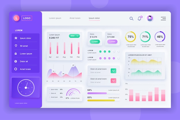 Neumorphic Dashboard UI kit. Шаблон панели администратора с элементами инфографики, диаграммы HUD, инфо графики. Панель инструментов веб-сайта для UI и UX design web page. Стиль нейморфизма.