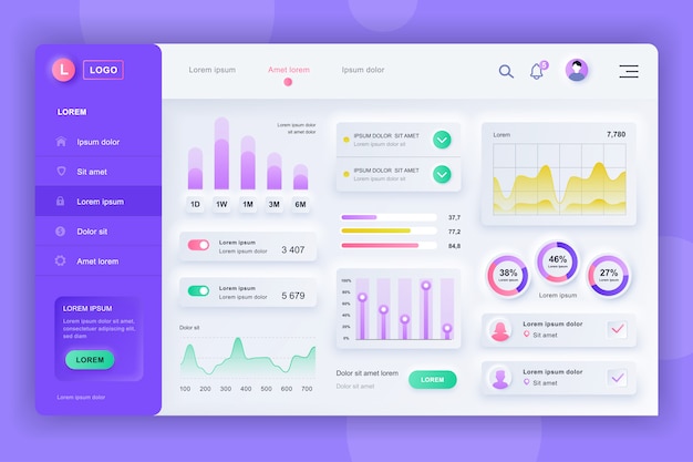 Neumorphic Dashboard UI kit. Шаблон панели администратора с элементами инфографики, диаграммы HUD, инфо графики. Панель инструментов веб-сайта для UI и UX design web page. Стиль нейморфизма.