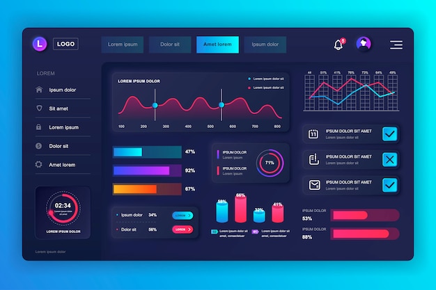 Kit ui dashboard neumorfo. modello del pannello di amministrazione con elementi infografici, diagramma hud, informazioni grafiche. dashboard del sito web per l'interfaccia utente e la pagina web di progettazione ux. stile neumorfismo.