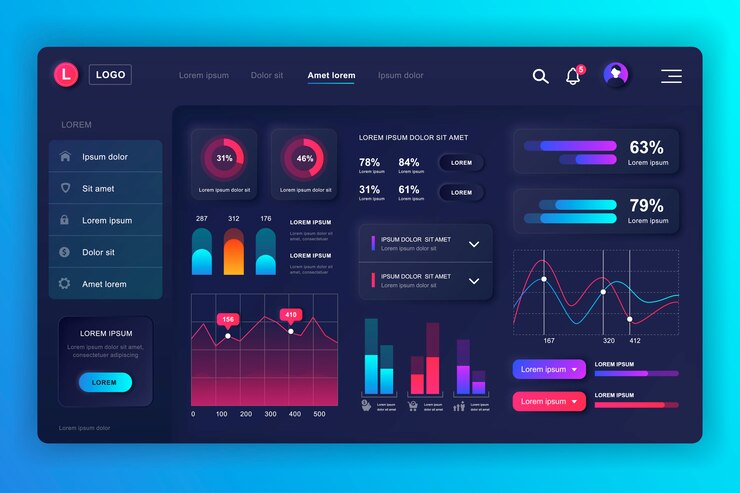 Vector neumorphic dashboard ui kit. admin panel template with infographic elements, hud diagram, info graphics. website dashboard for ui and ux design web page. neumorphism style.