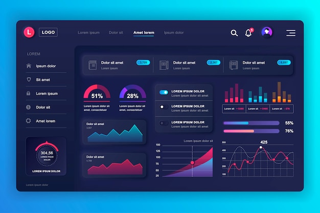 Neumorphic Dashboard UI kit. Шаблон панели администратора с элементами инфографики, диаграммы HUD, инфо графики. Панель инструментов веб-сайта для UI и UX design web page. Стиль нейморфизма.