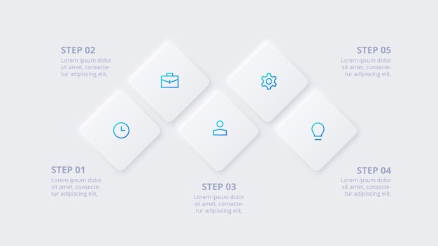 Neumorphic element for infographic Template for diagram graph presentation and chart Skeuomorph concept with 5 options parts steps or processes