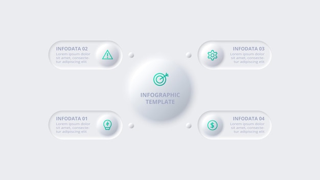 Neumorphic flow chart infographic Creatief concept voor infographic met 4 stappen opties onderdelen of processen