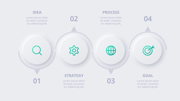 Neumorphic flow chart infographic Creatief concept voor infographic met 4 stappen opties onderdelen of processen