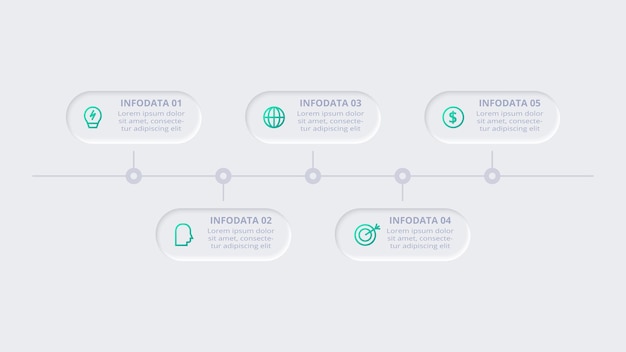 Neumorphic flow chart infographic Creatief concept voor infographic met 5 stappen opties onderdelen of processen