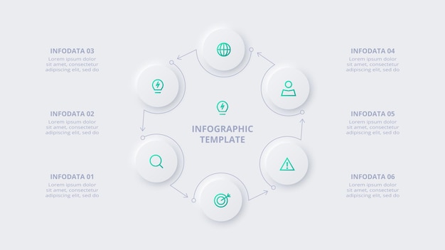 Neumorphic flow chart infographic Creatief concept voor infographic met 6 stappen opties onderdelen of processen