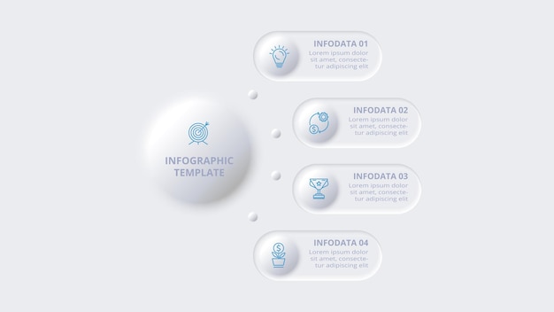 Infografica del diagramma di flusso neumorfico concetto creativo per l'infografica con 4 fasi opzioni parti o processi