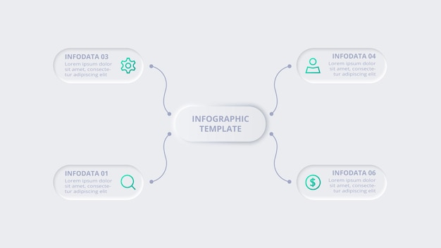 Neumorphic flow chart infographic Creative concept for infographic with 4 steps options parts or processes