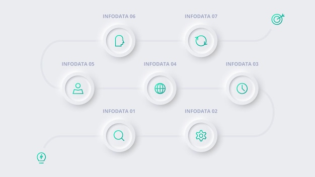 Neumorphic flow chart infographic creative concept for infographic with 7 steps options parts or processes