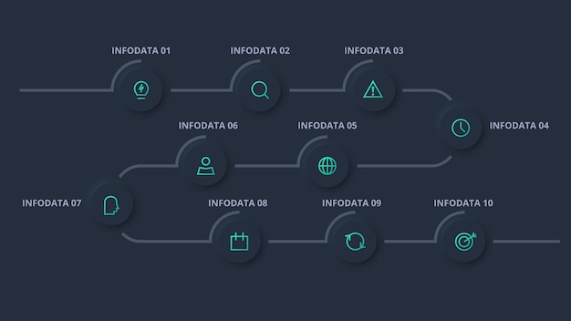 ニューモルフィック フローチャート暗い iinfographic 10 のステップ オプション部品またはプロセスを含むインフォ グラフィックのクリエイティブ コンセプト