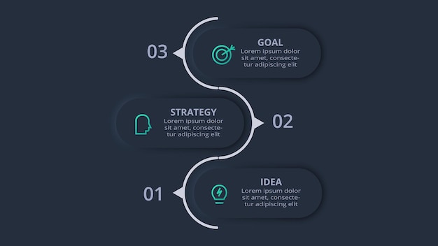 Neumorphic 순서도 어두운 iinfographic 3단계 옵션 부품 또는 프로세스가 포함된 인포그래픽용 창의적 개념