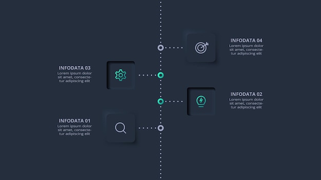 Neumorphic flowchart dark iinfographic Creative concept for infographic with 4 steps options parts or processes