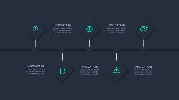 Neumorphic 순서도 어두운 iinfographic 5단계 옵션 부품 또는 프로세스가 포함된 인포그래픽용 창의적인 개념