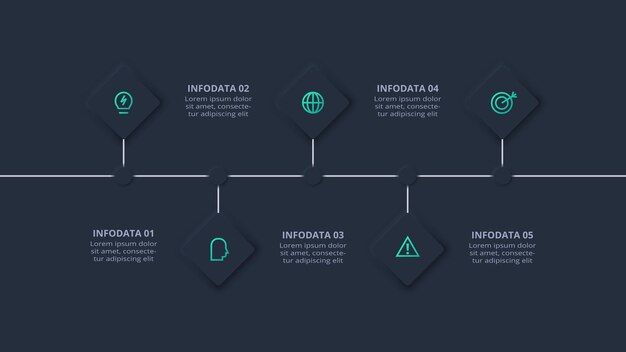 Neumorphic flowchart dark iinfographic Creative concept for infographic with 5 steps options parts or processes