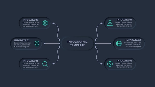 Neumorphic flowchart dark iinfographic Creative concept for infographic with 6 steps options parts or processes