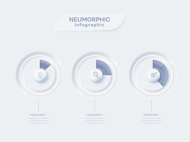 Vector neumorphic infographic-sjabloonlay-out met infochart op drie niveaus op witte achtergrond.