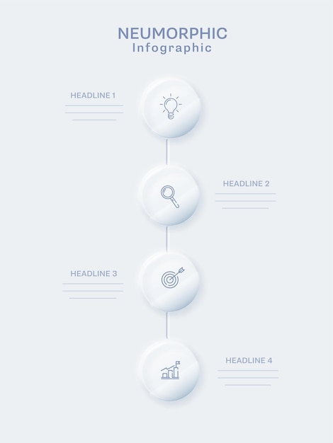 Neumorphic infographic template design con quattro elementi rotondi in riga verticale su sfondo bianco.