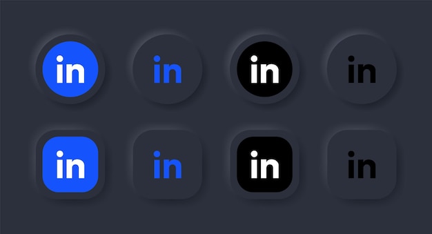 Vettore icona del logo neumorfico linkedin nel pulsante nero per i loghi delle icone dei social media nei pulsanti del neumorfismo