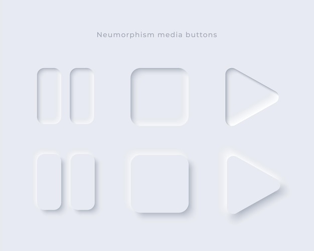 뉴모픽 미디어 버튼 세트입니다. Ui에 대한 최소한의 벡터 디자인 요소입니다.