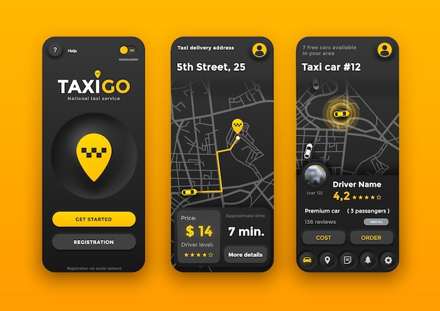 Вектор Мобильное приложение онлайн-заказа такси neumorphic