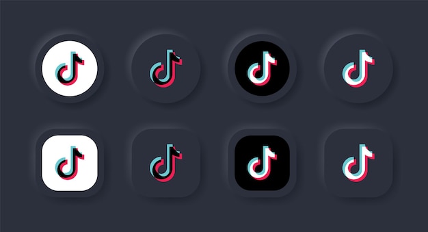 뉴모피즘 버튼의 소셜 미디어 아이콘 로고용 블랙 버튼의 뉴모픽 틱톡 로고 아이콘