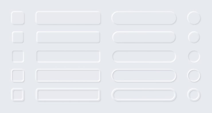 Vector neumorphic ui buttons modern minimal web layout with input fields square or round interface elements white graphic shapes set vector digital panel icons with shadow and copy space