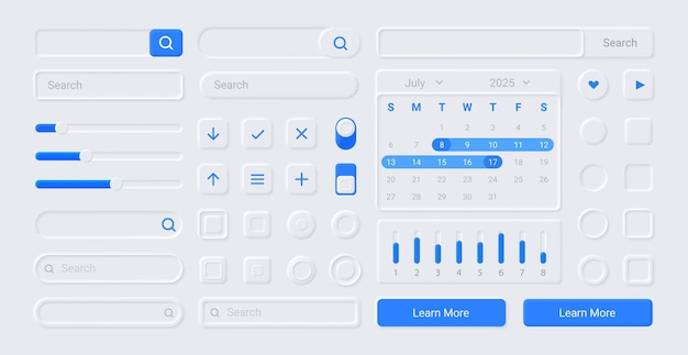 Neumorphic UI-kit Schermknoppen Zoekformulieren en pictogrammen voor webapplicatie of infographic Kalender- en indicatorsjablonen Digitaal paneelmodel Vectorinterface-elementen ingesteld