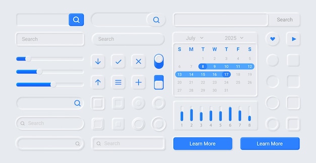 Vector neumorphic ui kit screen buttons search forms and icons for web application or infographic calendar and indicators templates digital panel mockup vector interface elements set