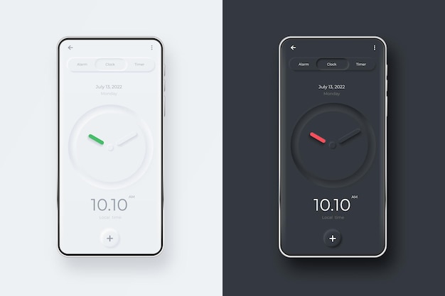 Неуморфный UI-кит на экране смартфона. Часы на черно-белом шаблоне смартфона. Приложение для мобильного интерфейса.