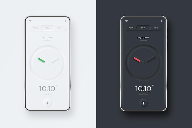 Vector neumorphic ui kit on smartphone screen. clock on black and white smartphone template. mobile interface app.