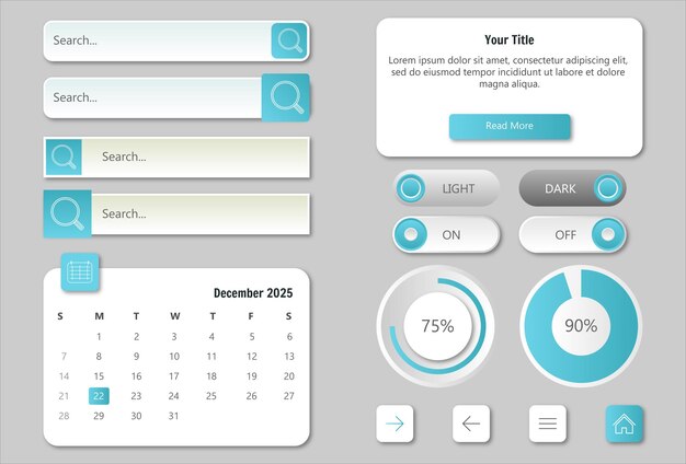 Neumorphic UI 사용자 인터페이스 단추 검색 막대 및 스위치 노브 볼륨 단추 및 슬라이더 검색 상자 작업 표시줄 및 달력이 있는 모바일 응용 프로그램 웹 소셜 미디어용 벡터 UX 키트