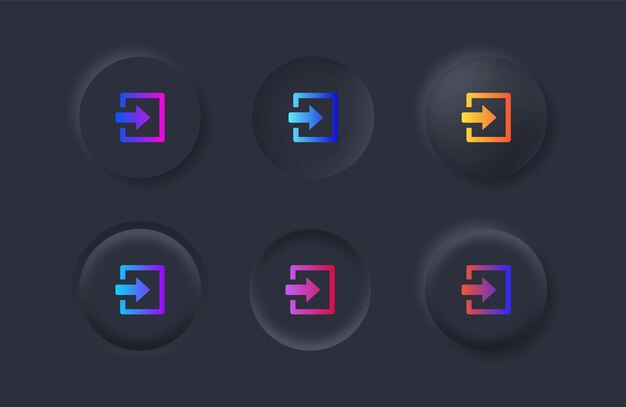 Freccia di neumorfismo icona di accesso esci e inserisci il simbolo con colori sfumati nei pulsanti neumorfici neri