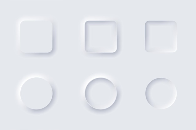 Neumorphism button design set vector illustration. Square, geometric shape with rounded edges. White