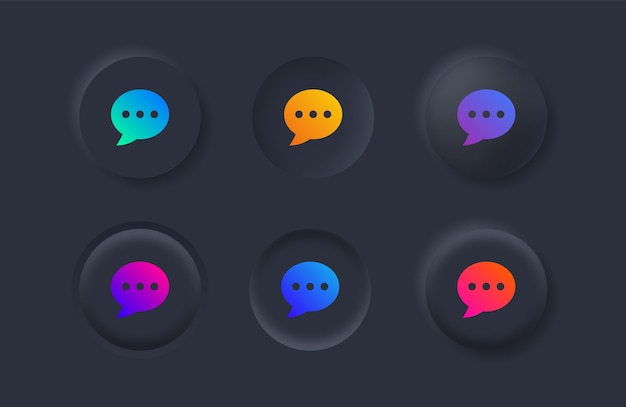 Neumorphism chat message icon comment bubble symbol with gradient colors in black neumorphic buttons