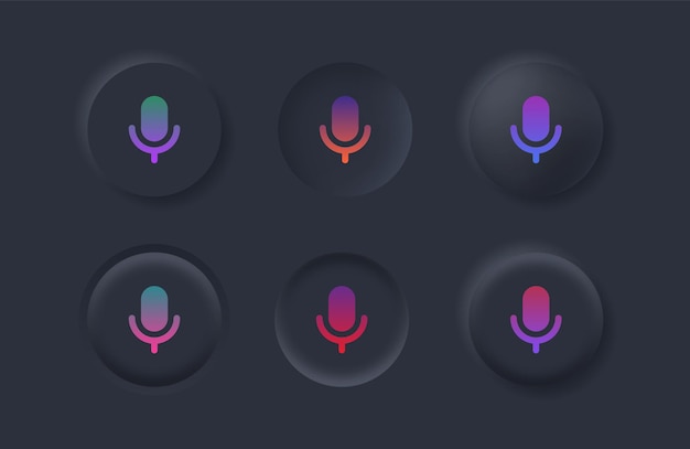 黒のニューモルフィックボタンのグラデーションカラーのニューモフィズムマイクアイコンマイクポッドキャストシンボル