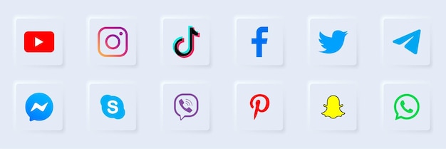 Vector neumorphism social media editorial icon set youtube instagram tiktok facebook twitter telegram