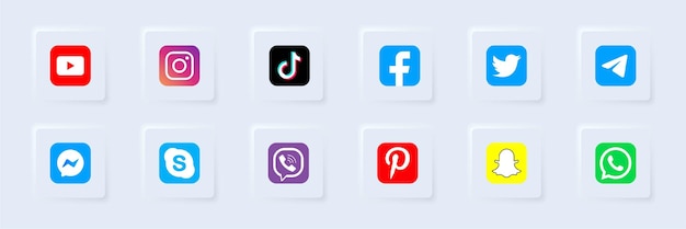 Neumorphism social media redactionele icon set youtube instagram tiktok facebook twitter telegram