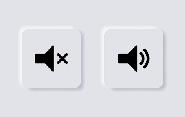 흰색 뉴모픽 버튼의 Ui Ux 앱 웹용 뉴모피즘 스피커 사운드 볼륨 아이콘 및 음소거 기호