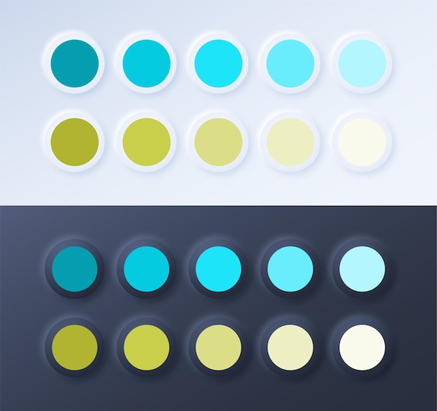 Neumorphism style Cyan blue and Earls Green Pantone color guide palette catalog