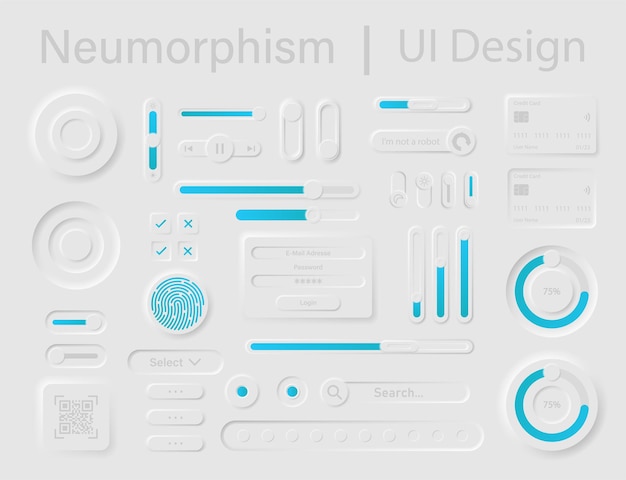 ベクトル neumorphismユーザーインターフェイスデザインキット。 neumorphism uiuxアイコンが設定されています。アプリのユーザーインターフェース要素。ニューモルフィックボタンコレクション。ベクトルグラフィック。 eps 10