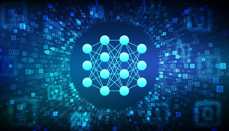 Vector neural network ai artificial intelligence machine learning deep learning big data analysis technology binary code data flow virtual tunnel warp made with digital code vector illustration
