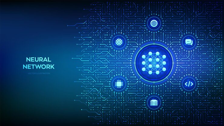 Vector neural network icon made with binary code ai artificial intelligence machine learning big data analysis technology background with circuit board connections and tech icons vector illustration